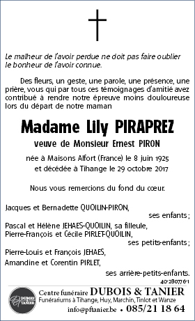 Deces De Madame Zelie Piraprez 29 10 17 Fr Be Remerciement 235624